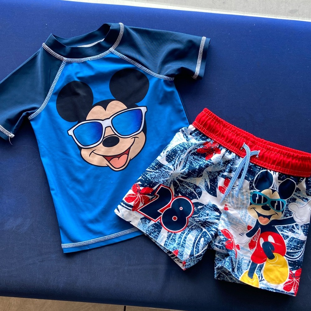 Mickey Mouse swim trunks and rash guard top
